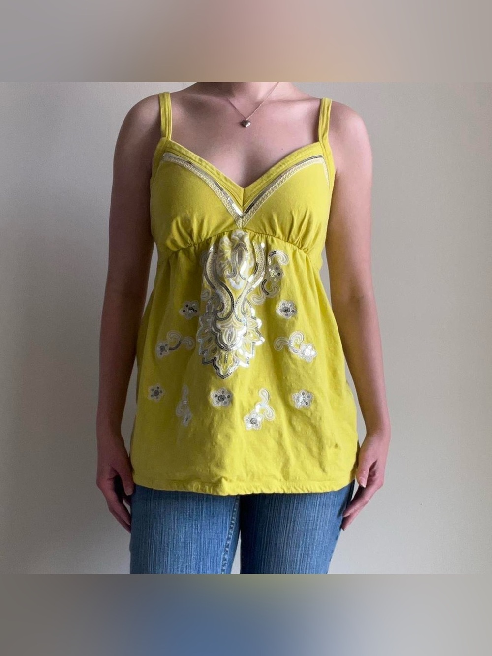 Y2K Whimsy Babydoll Top Boho Floral Chartreuse with Sequins I.N.C Women L